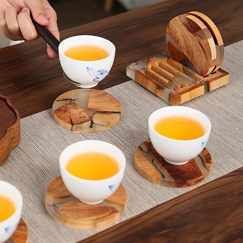 6Pcs Heat Insulation Wooden Resin Cup Pads with Base Traditional Chinese Ink Painting Tea Coaster Set KongFu Tea Accessories