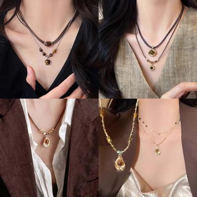 Maillard Coffee Round Sun Flower Tiger's Eye Stone Necklace Trendy Retro Collarbone Chain Light Luxury Necklace Women