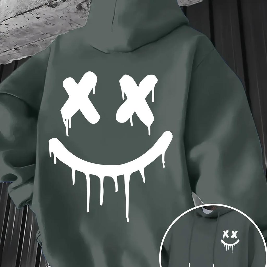 Smiley Face Print Men's and Women's Autumn  Winter Trendy Printed Hooded Fleece Sweatshirt Front and Back Printed Casual Hoodie