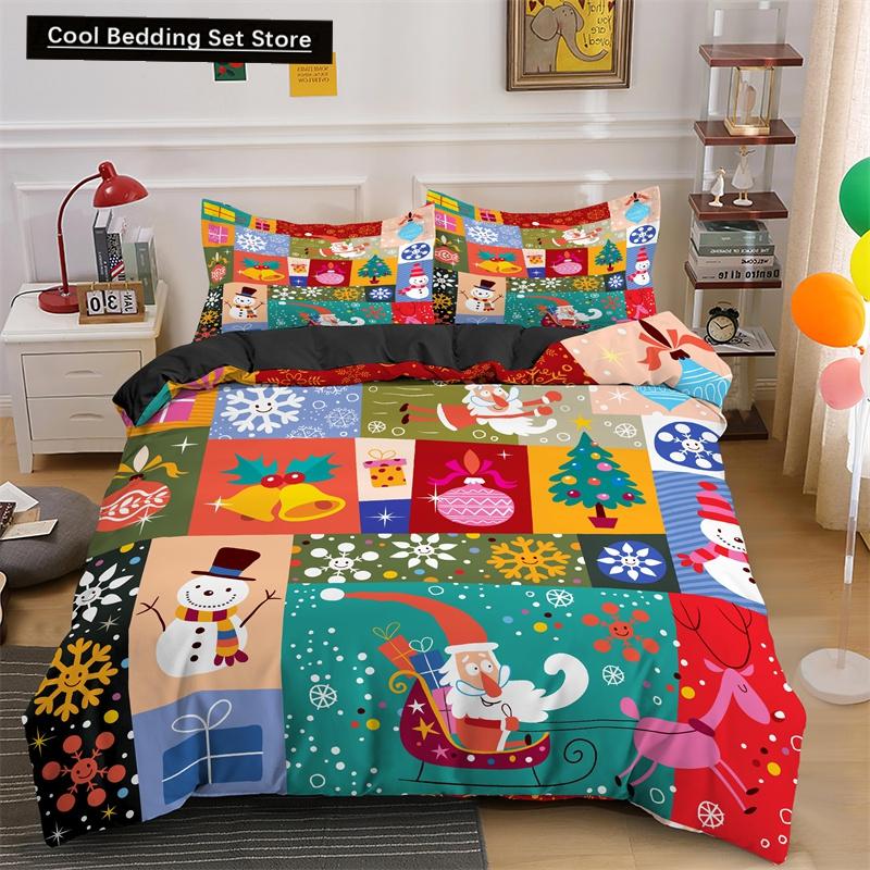 Frohe Weihnachten King Queen Bettwäsche Set Weihnachtsmann Schneemann Bettdeckenbezug Weihnachtsbaum Bettbezug Rot Polyester Steppdeckenbezug
