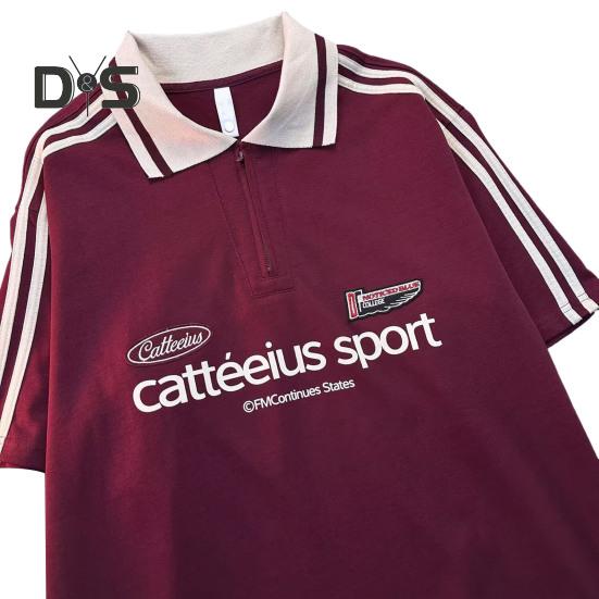 

Футболка унисекс для мужчин и женщин с полосатым принтом и надписью, с лацканами, с коротким рукавом, повседневная свободная футболка для спортзала, уличная одежда M красный