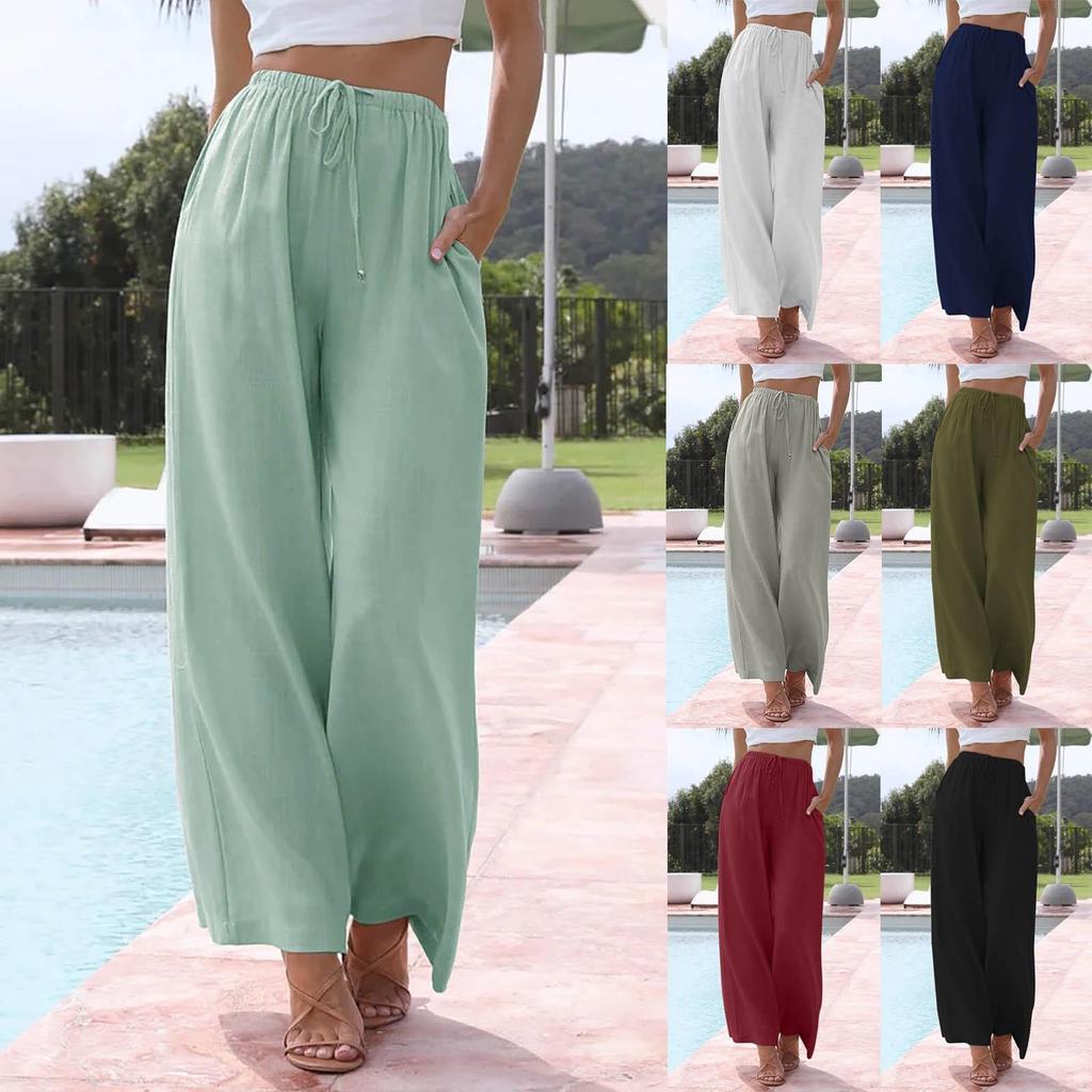 Summer Women's Casual Wide Leg Pants Loose Tie Front Pocket Solid Color Casual Ladies Work Casual Trousers