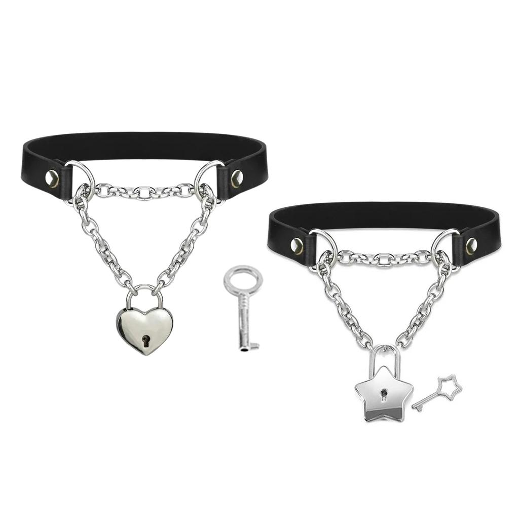 Women Black PU Leather Necklace with Padlock Heart Charm Necklace Adjustable Chain Necklace Leather Texture for Daily