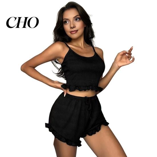 Playful Pajama Set Women 2 Piece Set, Ruffle Trim Cami Top Moisture-wicking Pajamas And Shorts Sleepwear Spaghetti Strap Summer Pjs Loungewear XL чёрный