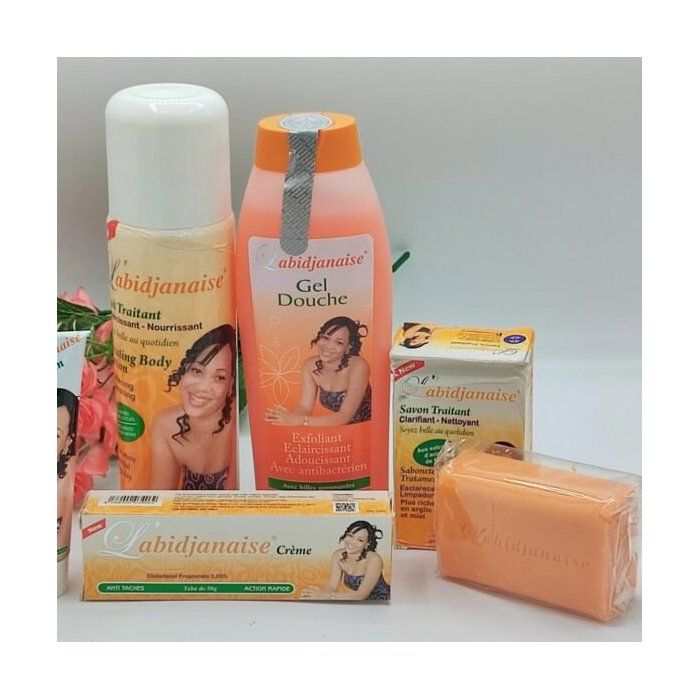 Mini Gamme L'Abidjanaise – Gel Douche, Lait Corporel, Savon &amp; Crème Anti-Taches Intense | Éclaircissement Rapide | Banane Jaune