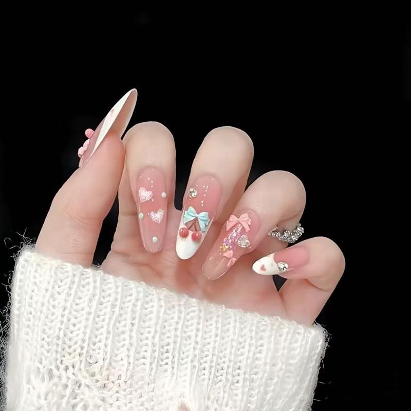 Handmade Medium-Length Pink Ice Translucent Nail Tips with Cute Bow French Design Large