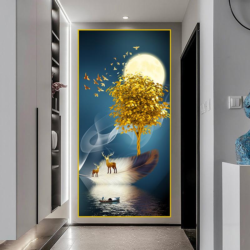 New Chinese Golden Deer Rich Tree Canvas Painting Wall Art Luxury Gold Flowers Posters Prints for Corridor Interior Decor Quadro