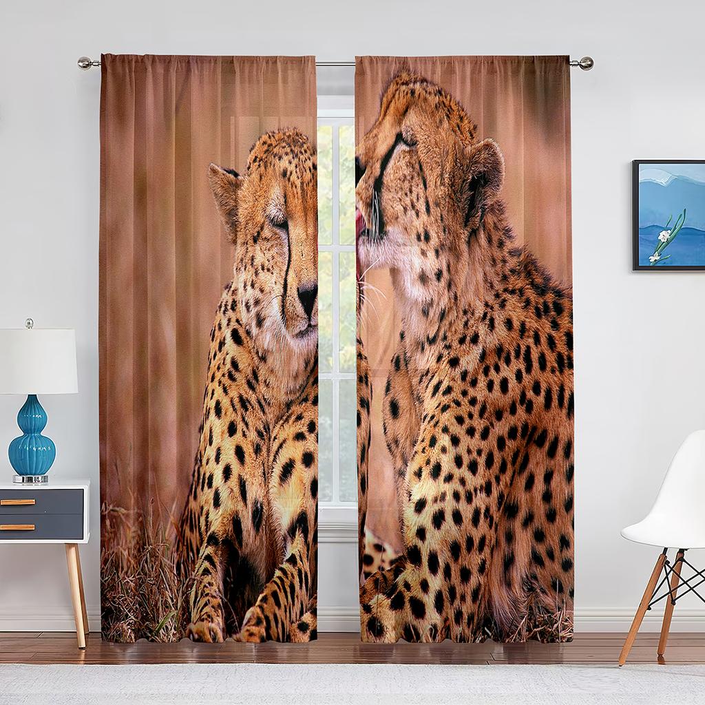 Leopard Safari Gepard Wildtier Thema Muster Tüll Vorhänge für Wohnzimmer Schlafzimmer Transparent Durchsichtig Voile Fenstervorhang