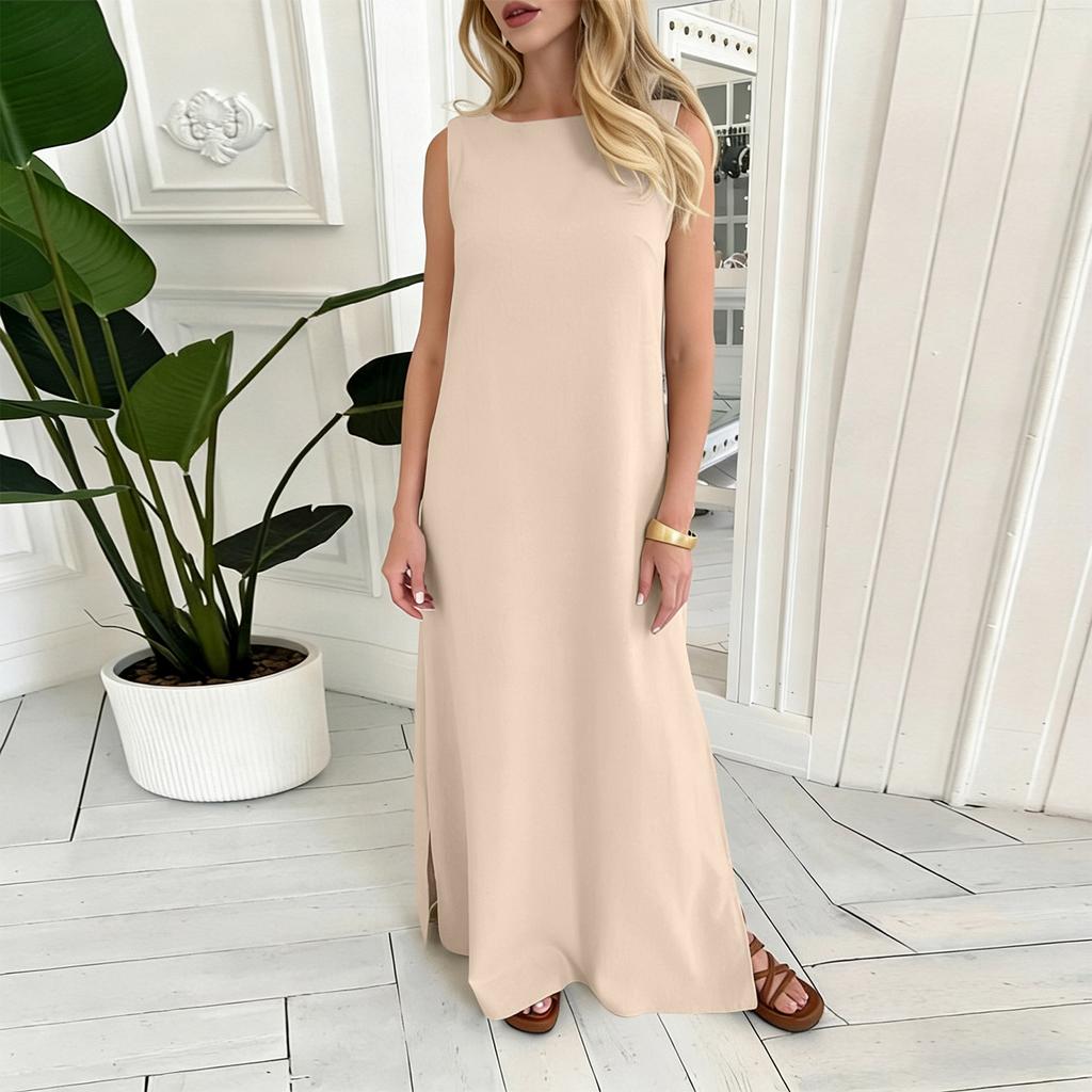 Women's Fashion Round Neck Sleeveless Colour Casual Resort Maxi Dress With Split Hem In Cotton,Linen Blend