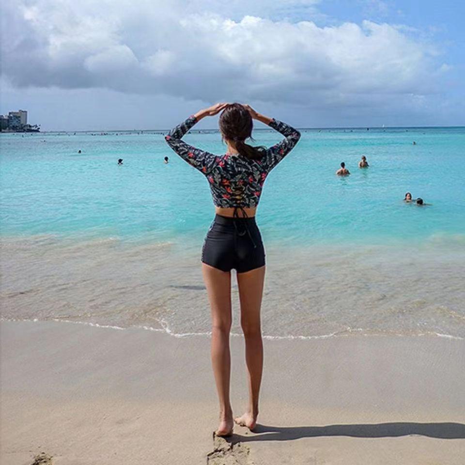 Conservative High-Waisted Long-Sleeve Sun Protection Swimsuit: Quick-Drying, Belly-Covering, Split Design for Diving & Hot Springs