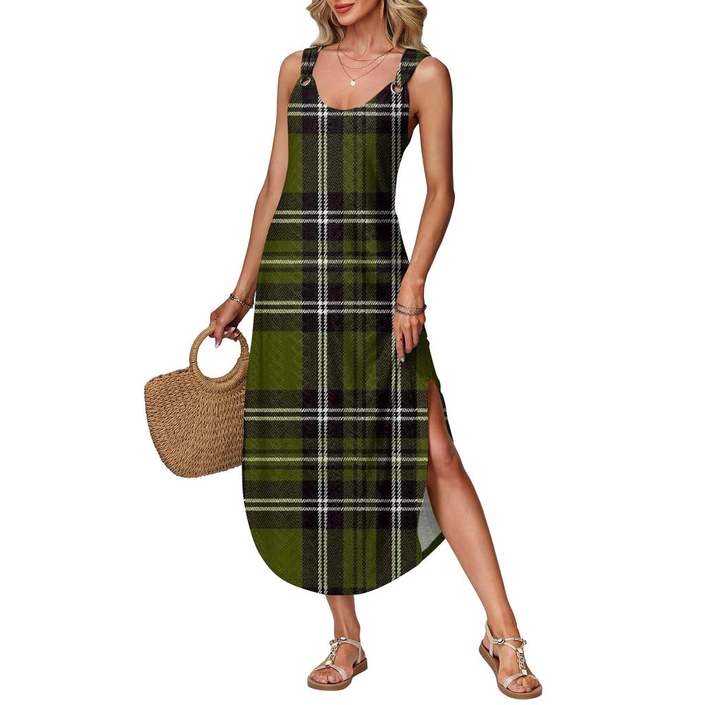 Women's Summer Long Dress, Sleeveless with Side Slits, Long Plaid Printed Vest Dress