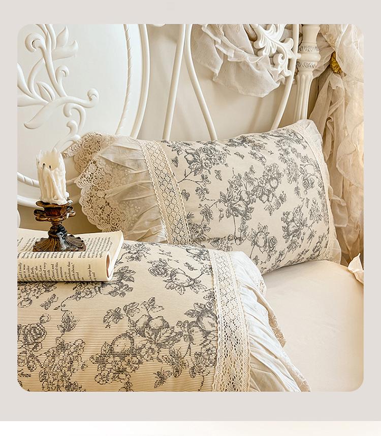 French Retro Princess Style Cotton Bedding Set with Lace Edge