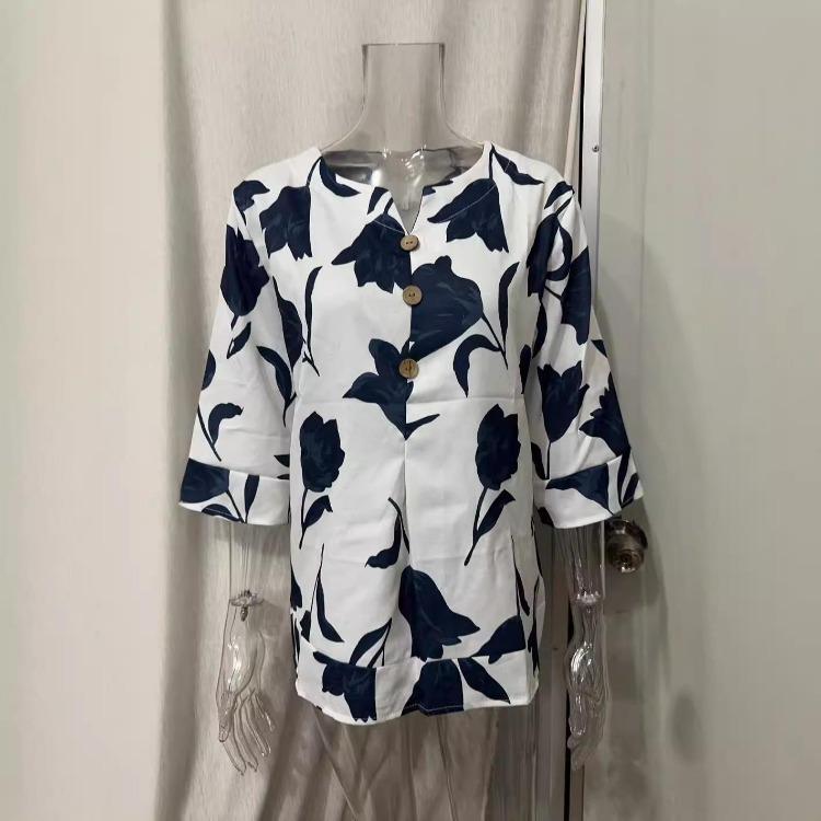 Letnia Koszula Damska z Kwiatowym Wzorem i Dekoltem V, Codzienna, Krótki Rękaw, Modny Top