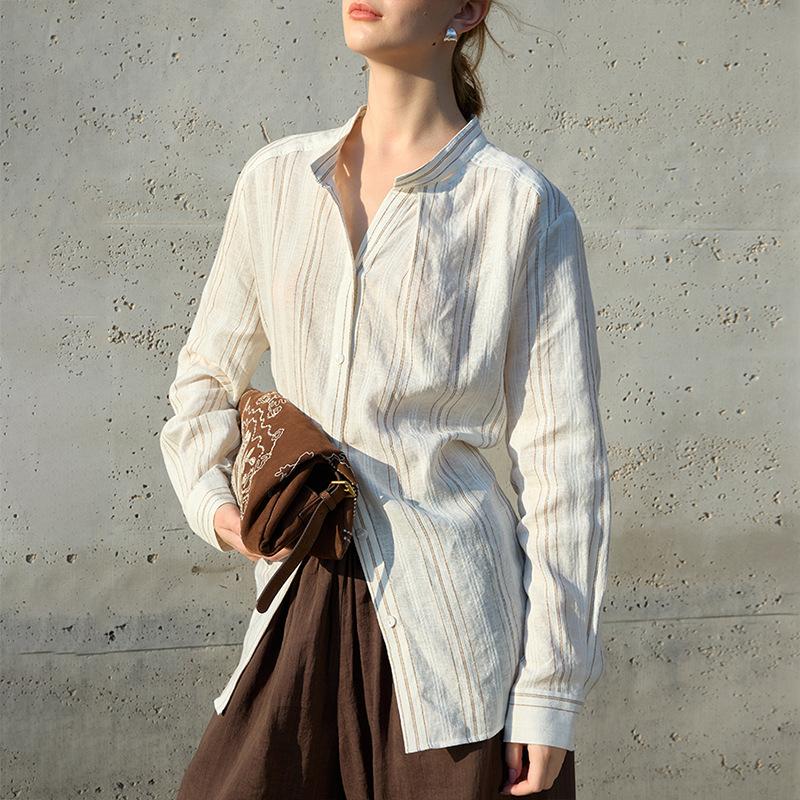 Old money wind striped shirt original design sense tie decorative cotton and linen top spring stand-up collar casual long-sleeved shirt