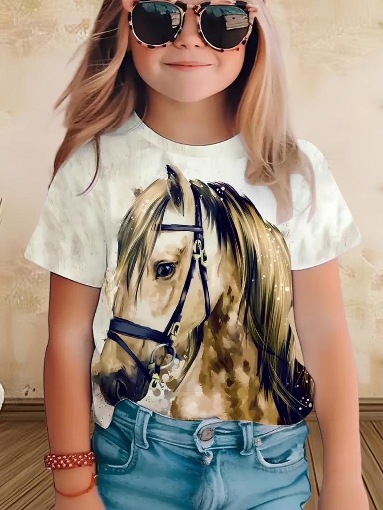 Children's clothing, girls' short-sleeved T-shirts, boys' casual retro horse print children's summer clothing, girls' tops, round neck T-shirts