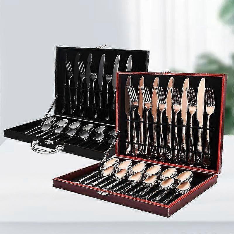 Cutlery, Set Of 24 Stainless Steel Cutlery, Cutlery With Wooden Boxrose Gold
