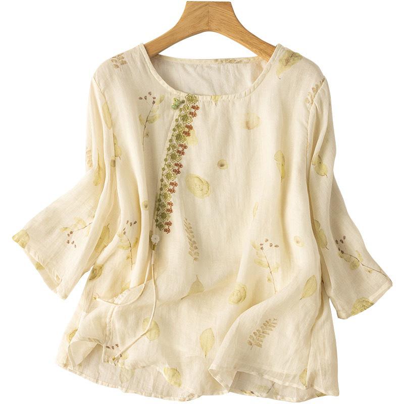 High-End Floral Embroidered Seven-Sleeve Cotton Linen Top - Slimming Spring Style 2026 M