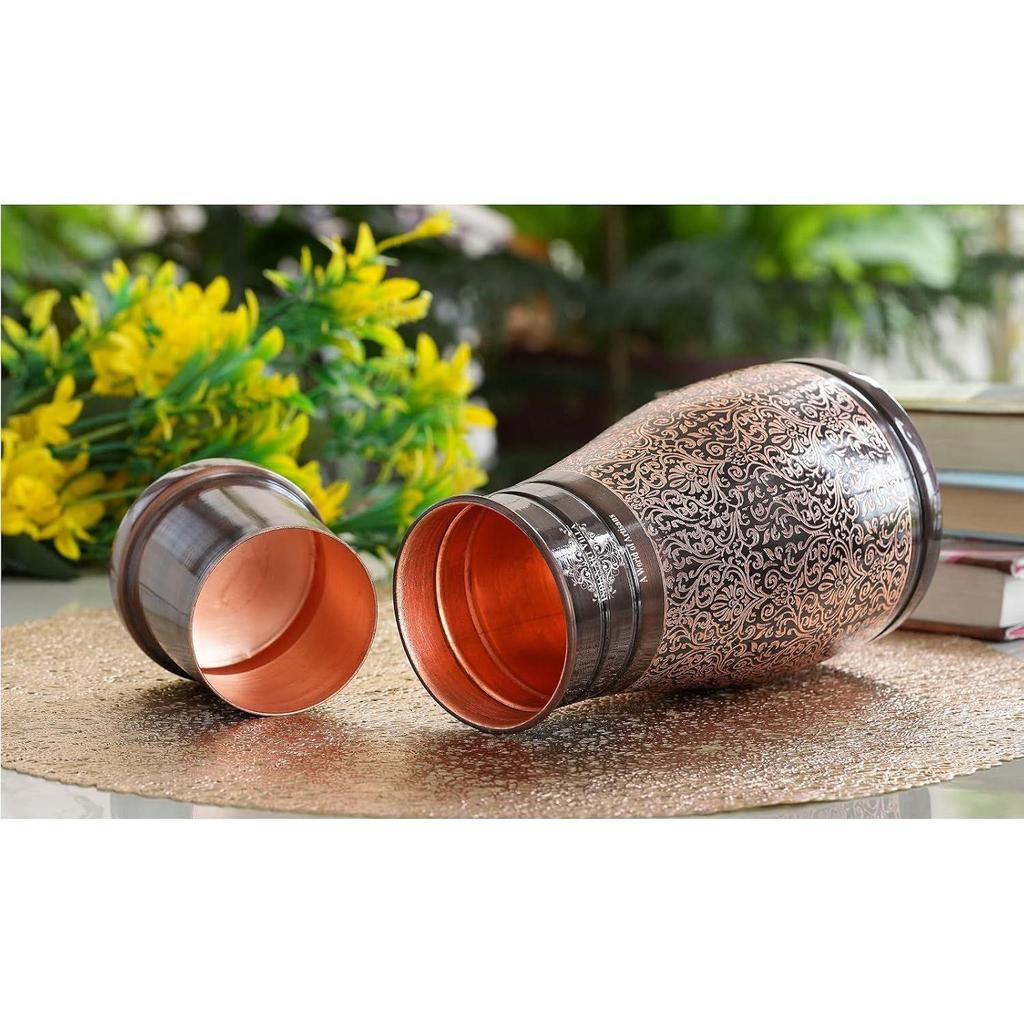VILLA Pure Copper Bedroom Water Bottle with Inbuilt Glass, Dark Embossed Design, 900 ML Capacity (Pack of 2)