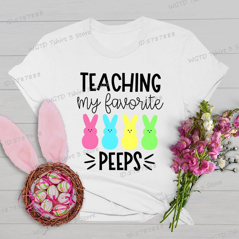 

Teaching My Favorite Peeps Shirt Women Easter Bunny Teacher Cute Short Sleeve Tshirt Happy Easter Teacher Matching Tops Tees S