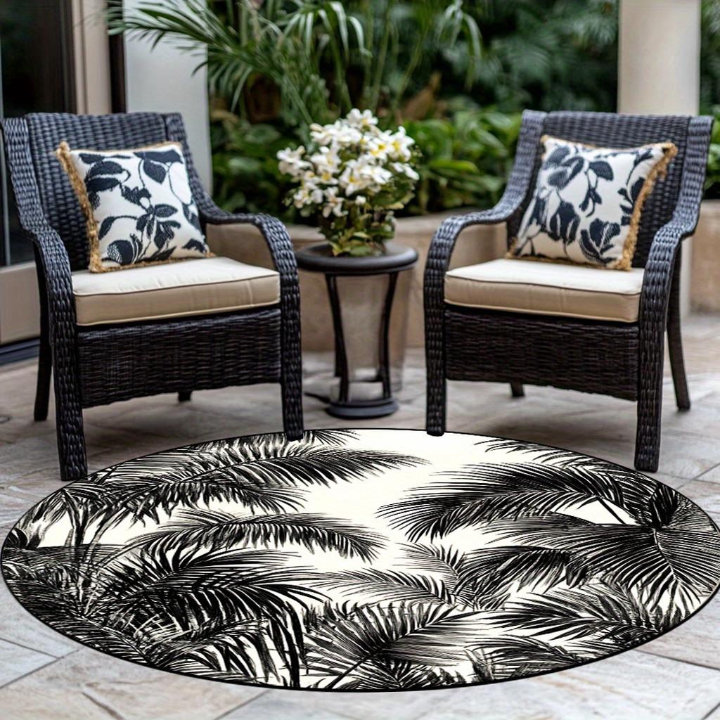 1pc Round Non-slip Rug with Black and White Tropical Leaf Pattern, Perfect for Living Room or Bedroom Decoration