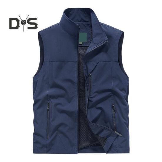 Herre Vest Ståkrage Ermeløs Glidelåslukking Vestjakke med Store Lommer Ensfarget Utendørs Fiskevest