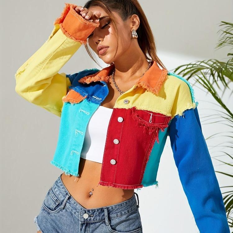 

Women Denim Jacket Spring Autumn Croped Outerwear Long Sleeve Tops Fashion Colorblock Contrast Jackets S