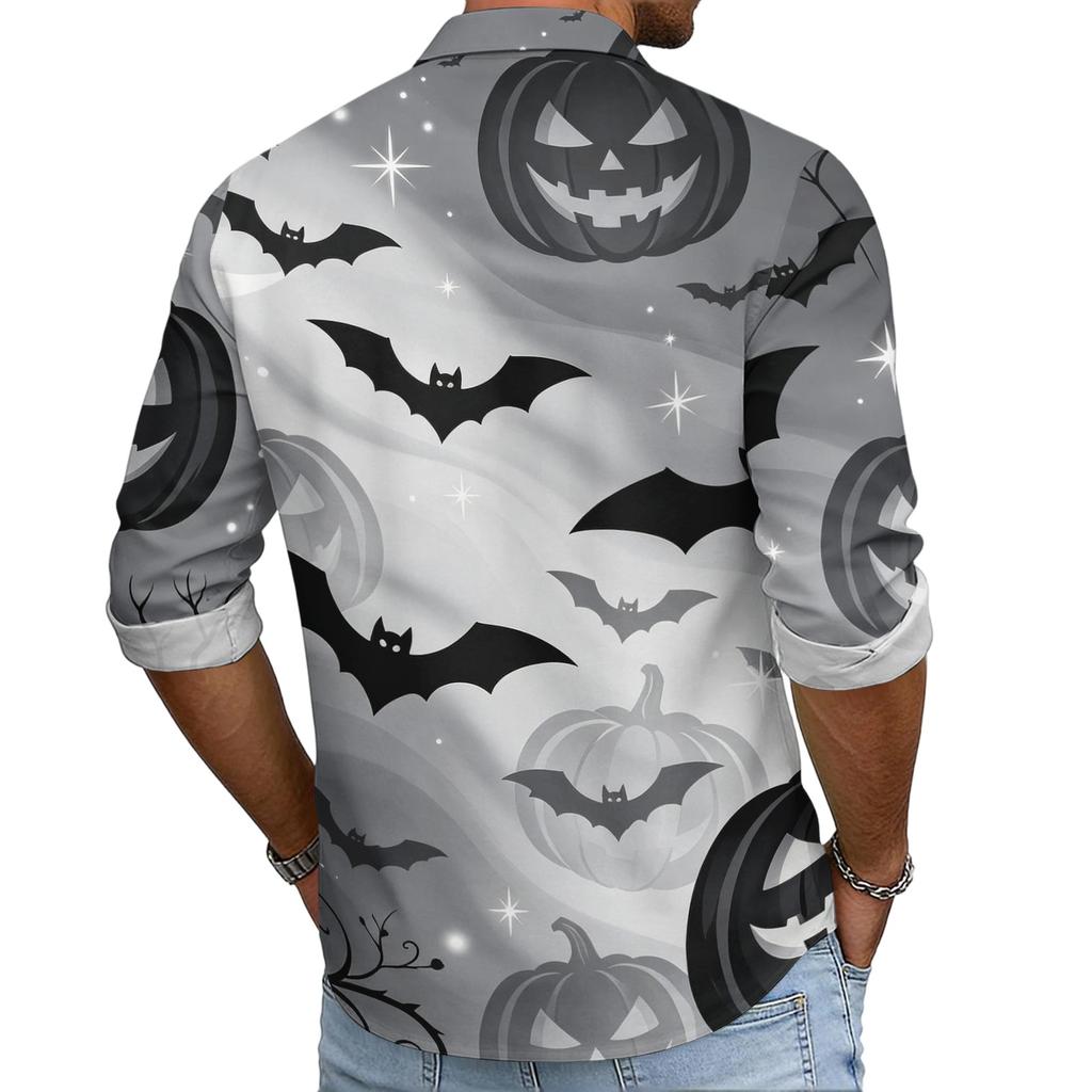 Men's Loose Fit Long Sleeve Shirt with Classic Collar Halloween Print Vintage Casual Button Down Shirt for Spring Autumn Daily Wear