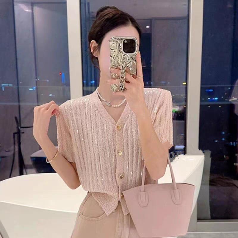 Short-sleeved sequined knitted cardigan spring and summer new design thin sweater jacket women