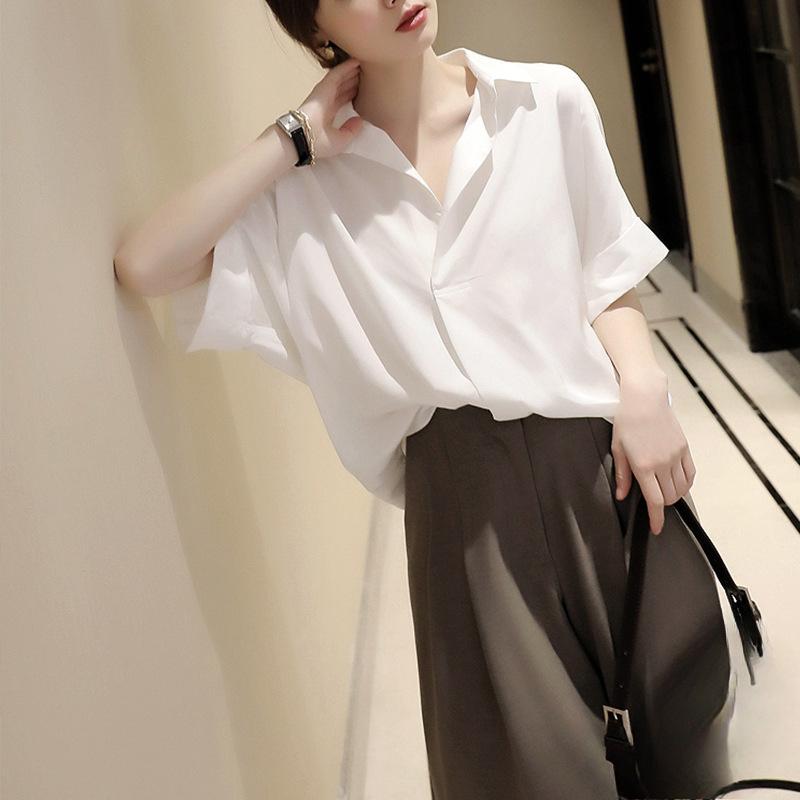 Casual Ladies' Shirt Shirt Women Short Sleeve Niche Simple White Blouse Lazy Loose Peplum Commuter Design Sense Tops Temperament Elegant Fashion Top