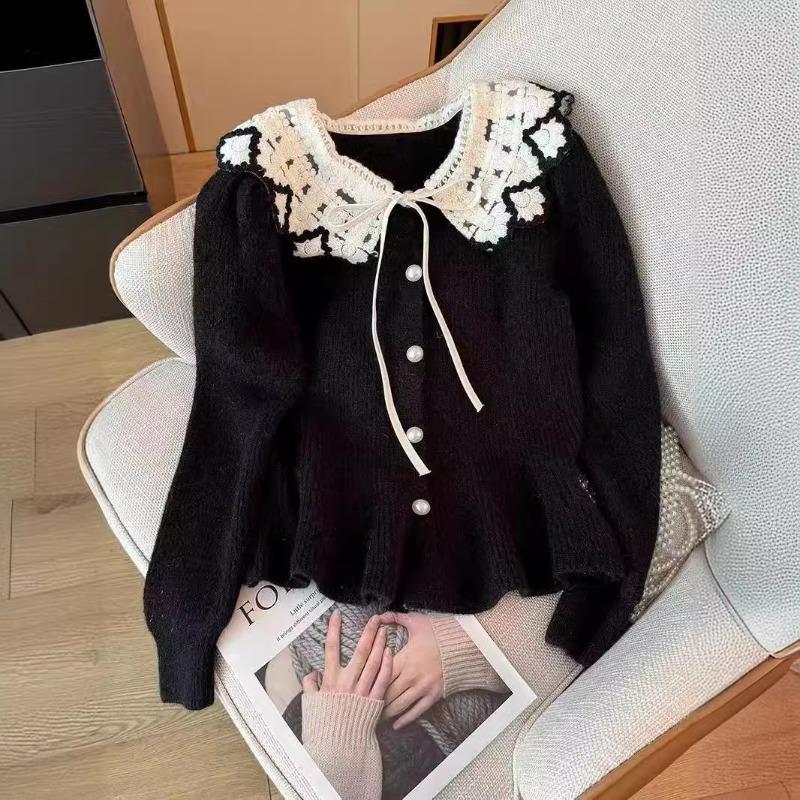 Spring and Autumn Lace Doll Collar Bright Silk Soft Waxy Knitted Cardigan Women's Waist Sweater Women's Top Cover