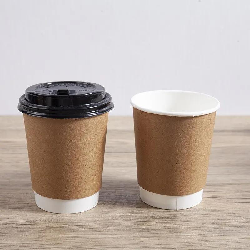 2Pcs/set Black/White Lid Coffee Paper Cups Kraft Paper Material Disposable Double Insulated Cup for Coffee Milk Hot Drinks