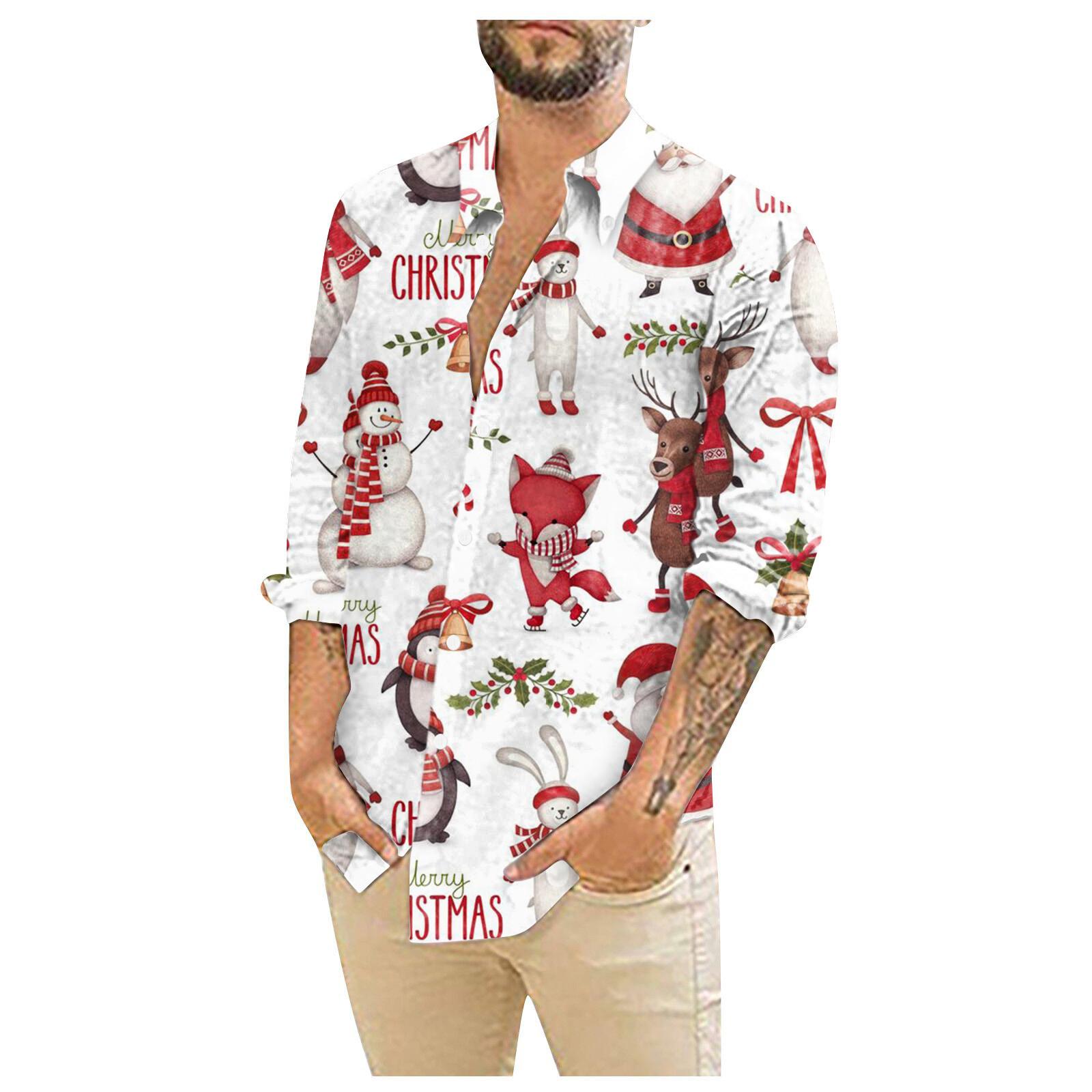 

Мужские рождественские рубашки с длинным рукавом и цветочным принтом, топы на пуговицах, забавная милая классическая рубашка с рисунком XXL белый