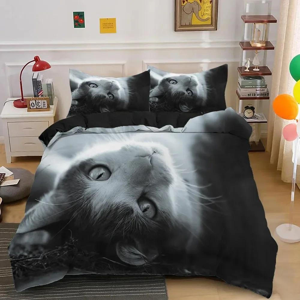 3D Bedding Sets Red Duvet Quilt Cover Set Comforter Bed Linen Pillowcase King Queen 210x210cm Size Pet Cat Design for Boys Girls