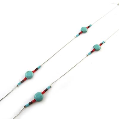 [N3743] - Turquoise Red Silver 'Navajos' Long Necklace