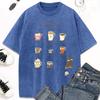 Cat People'S Coffee Illustration Print Women Washed T-Shirt Trendy Crewneck Tee Shirt Clothes Cotton Short Sleeve