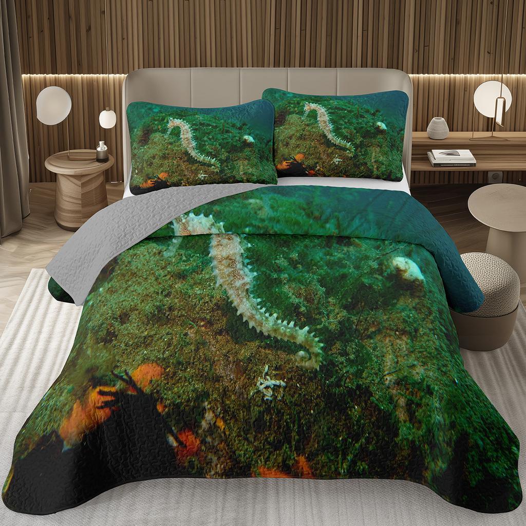 Comforter Seahorse Queen Size 3D Seahorse Printed Bedding Set Ocean Animal Quilted Marine Mediterranean Style Bed