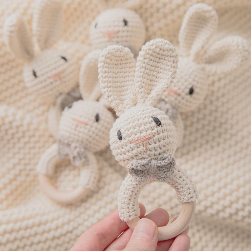 Crochet Baby Crochet Rattle Wood Ring Knitting Gym Toy Cartoon Bunny Rattles Toys  0-12 Months
