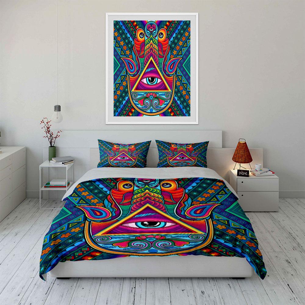 3Pcs Rainbow Hamsa Hand Mandala Bedding Set Boho Ethnic Eye Print Duvet Cover 2 Pillowcases Single Double King Queen Gift