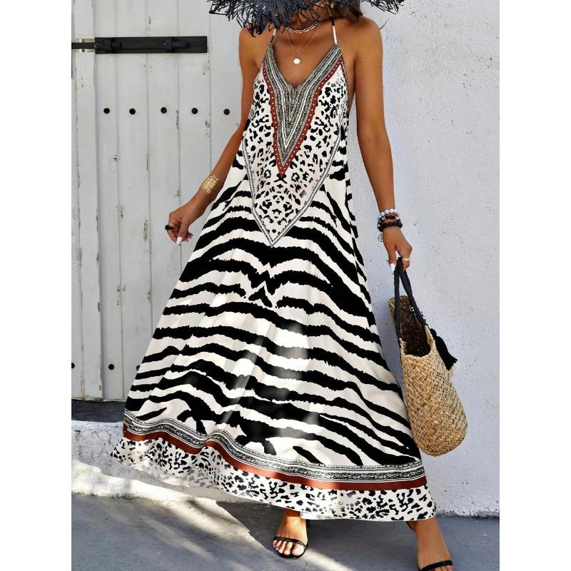 Women Boho Print Halter Maxi Dress V Neck Sleeveless Casual Sundress S чёрный