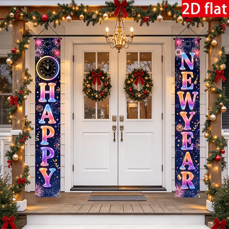 New Year Door Couplet Banner Neon Gradient Clock Fireworks Happy New Year Porch Hanging Cloth New Year Party Door Scene Layout Decoration Couplet