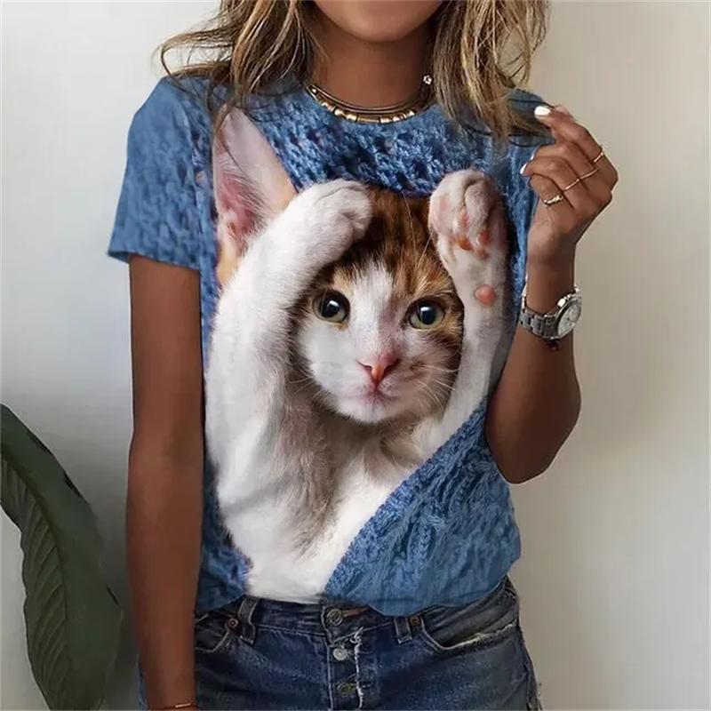 Women's T Shirts Funny 3D Kawaii Cat Print T-Shirts Fashion O-neck Short Sleeve Top Oversized Female Y2k Clothing Cute Girl Tees