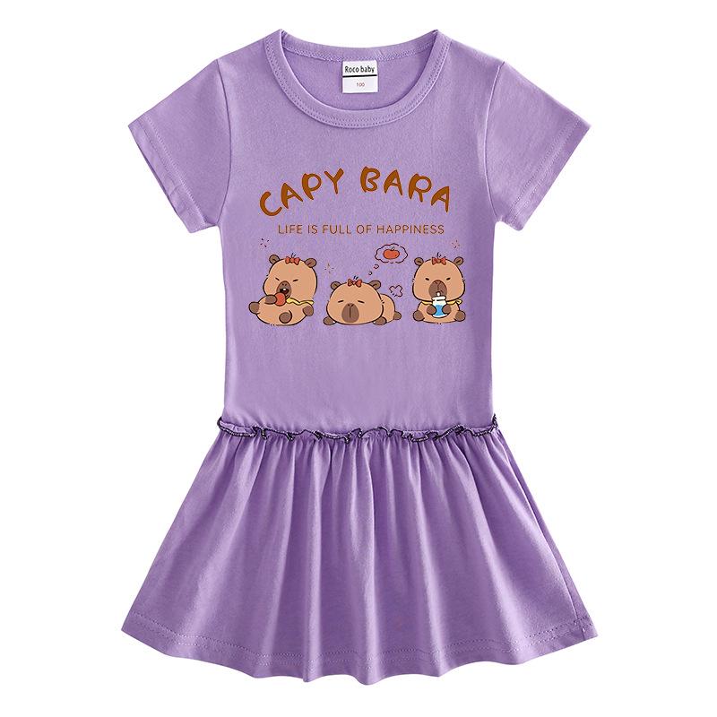 Summer Cartoon Color Block Raglan Dress for Baby Girls - Short Sleeve with Ruffled Pleated Skirt