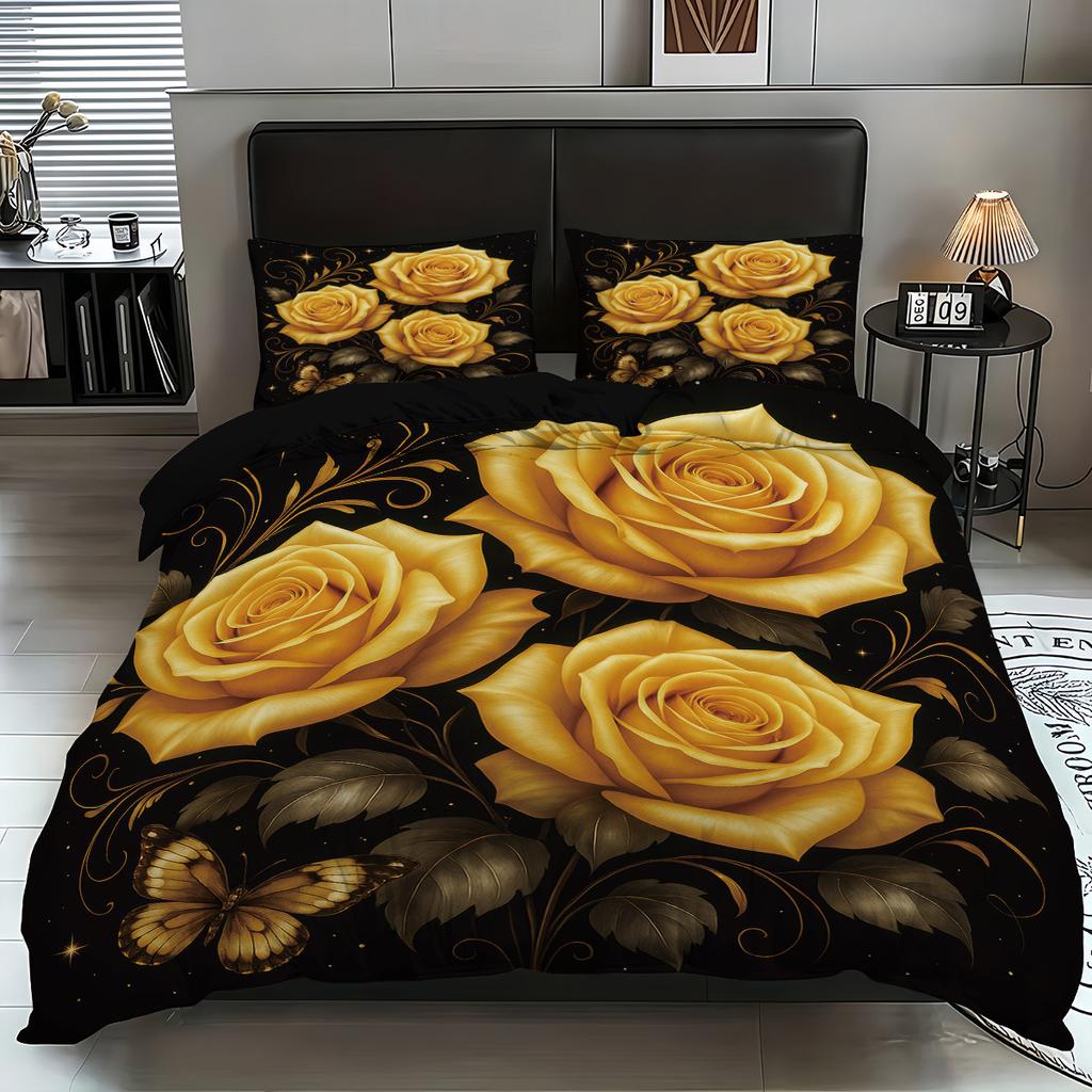 Bed Three-Piece Rose 3D Digital Printing Abrasive Pillowcase Quilt Cover Kit