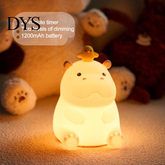 Warmer Schein Schlafzimmer Dekoration Niedlicher Nilpferd Nachtlicht, Tipp-Steuerung, 2 Helligkeitsstufen Quetschbar Nachttischlampe, USB Auto-Aus-Timer Wiederaufladbar Kinderzimmer