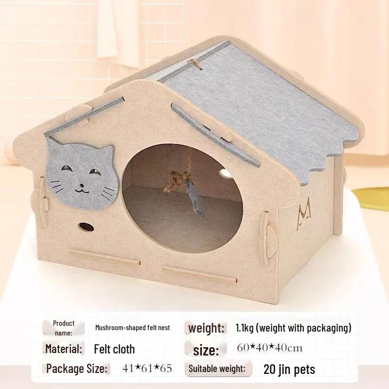 All-Season Felt Enclosed Cat Bed Villa - Detachable Pet Nest House Felt Cat House