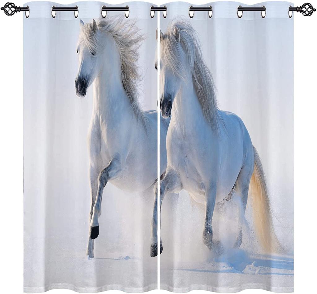 3D Print Pattern of Painting Art Horses Running On Forest River Creek Curtains 3D Print Window Curtains For Bedroom Living Room