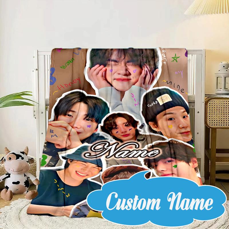 Custom Name BT K-pop Collage Vibes Blanket bed sofa Blanket Flannel Blanket for Camping, Hiking, Picnic Essentials,gift for Fan family