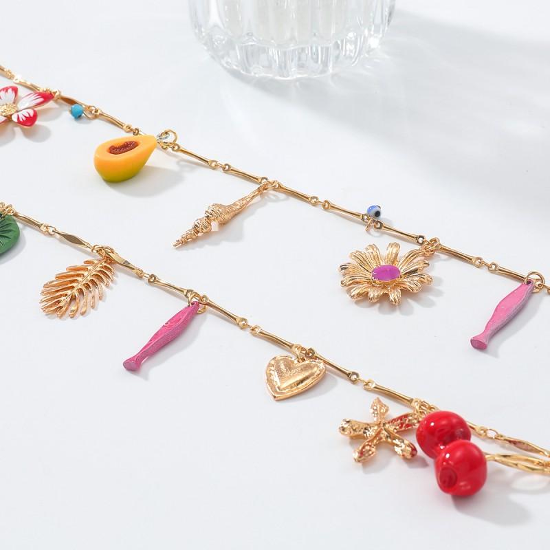 Womens Layered Zinc Alloy Pendant Necklace With Heart Floral Leaf Butterfly Cherry Motifs Drip Paint Finish 81cm Length