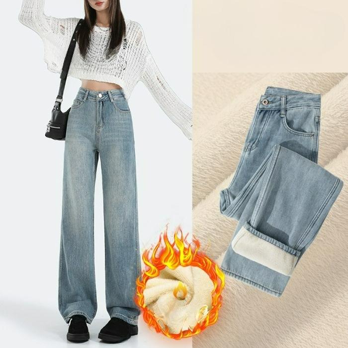 Jeans Women's Autumn and Winter Plus Velvet Pants, Small, High Waist, Thin, Narrow, Straight, Wide-leg Mopping Pants
