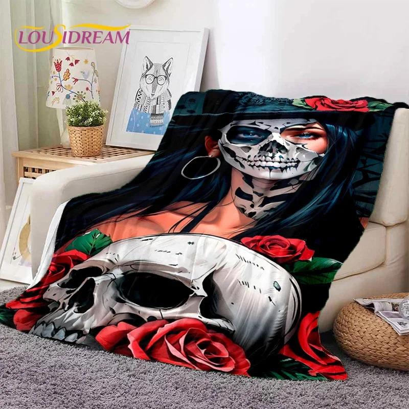 Totenkopf Totes Mädchen 3D Gothic Horror Weiblich Rose Weiche Flanelldecke für Betten Schlafzimmer Sofa Picknick, Überwurfdecke zum Zudecken Freizeit